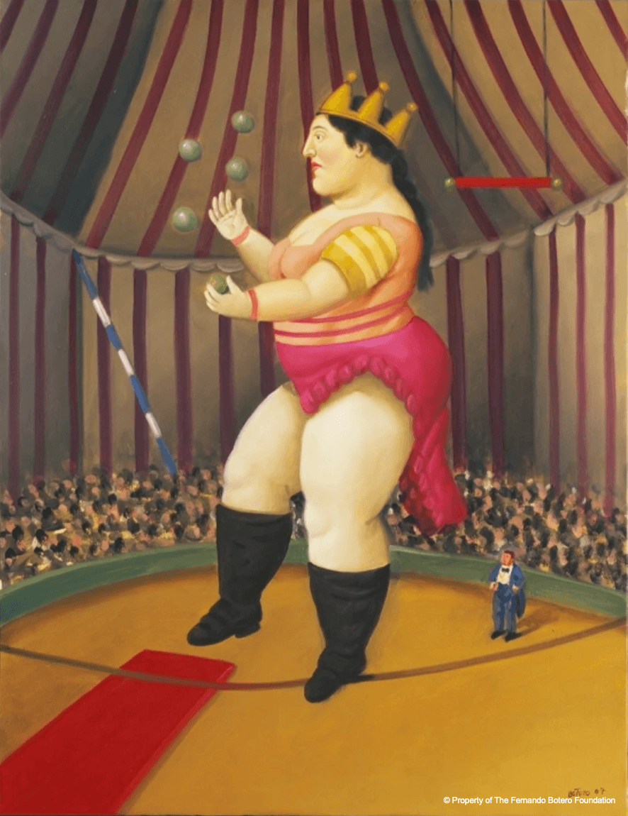 《自畫像》Fernando Botero, Self Portrait, 1975（圖左）、《走繩雜耍者》Fernando Botero, Juggler on the Rope, 2007（圖右）