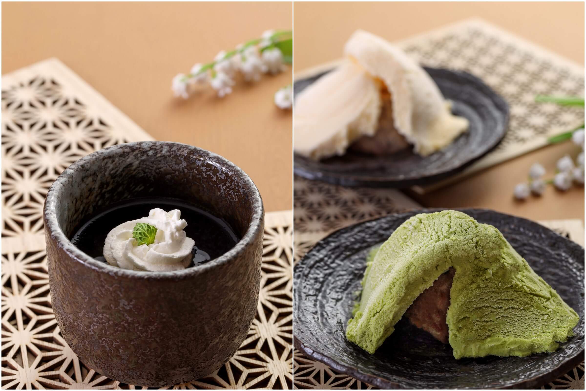 清爽的「咖啡凍」風味濃厚，吃起來清爽不膩（左）；抹茶冰淇淋紅豆泥以「祇園娘」穿著和服概念呈現（右）