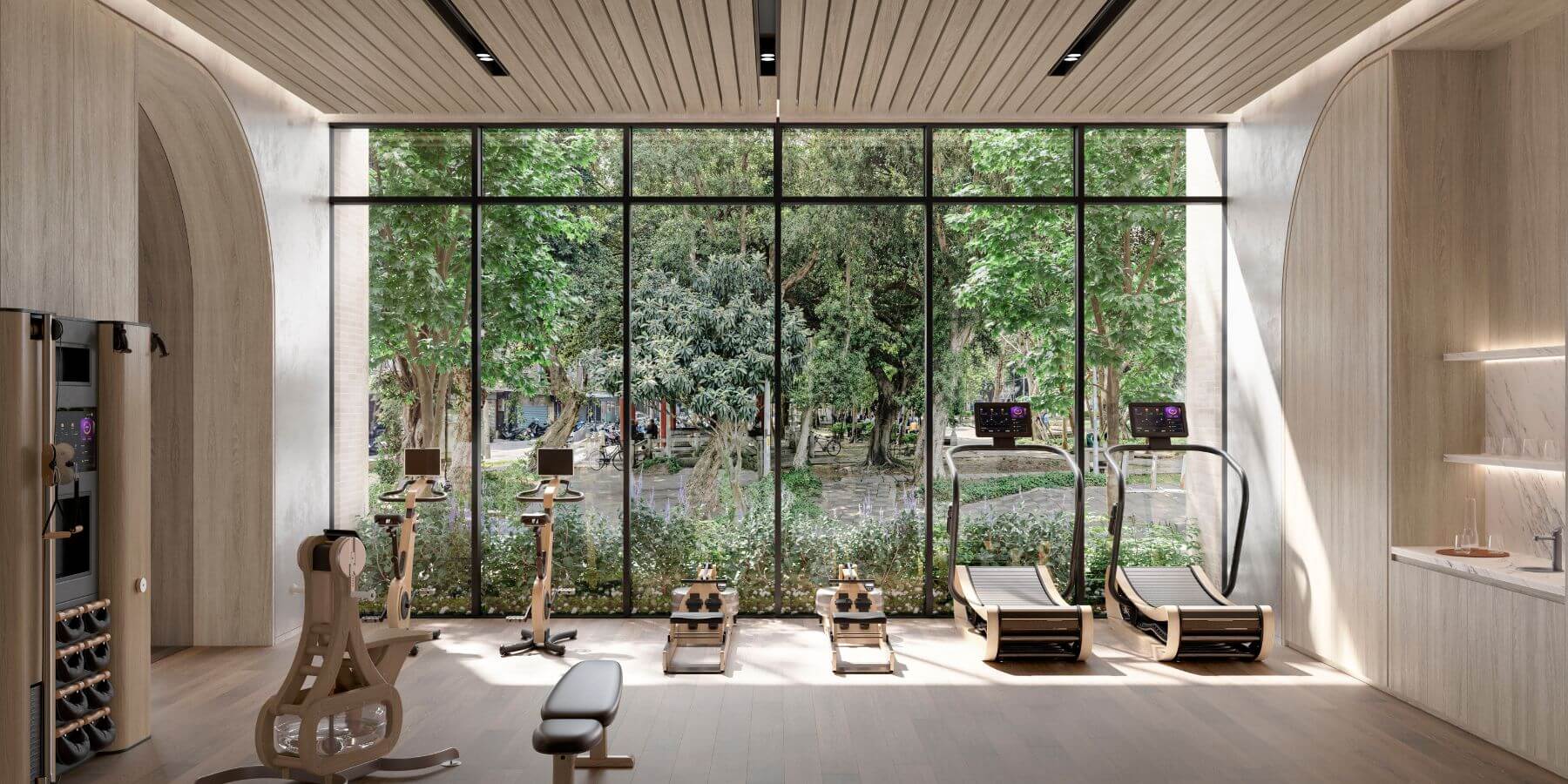 健身房特選手工製作健身器材品牌，使用永續生長認證的木材，扣合「衡沐」永續宗旨，創造出社區內外一致的平衡自然意象。（健身房3D情境示意圖）