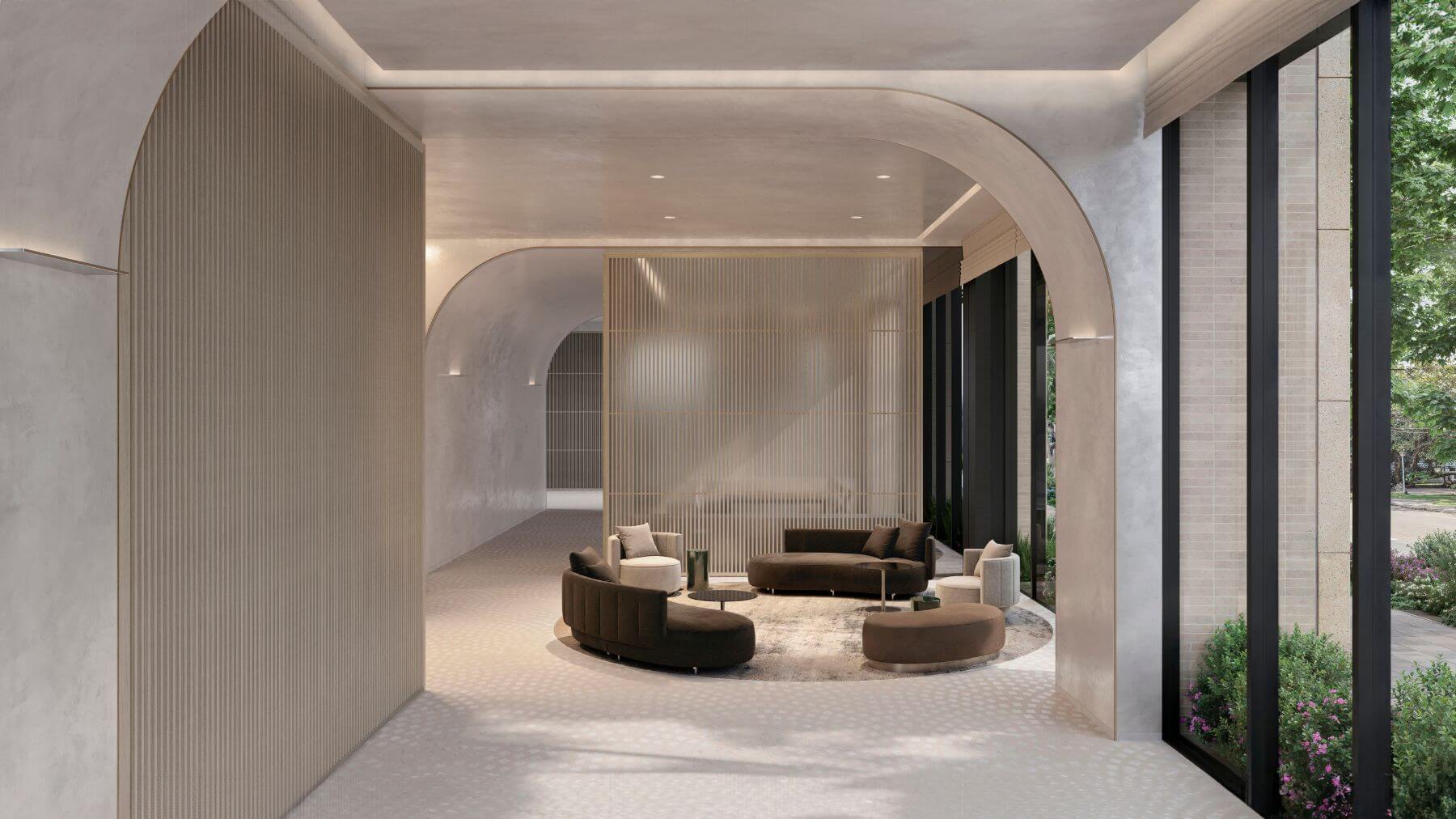將一致的設計概念延伸到公共空間，大廳交誼區以半透明的格柵區隔不同空間，強化了延伸的空間關係。柱與牆面頂部採弧形曲線，既對應外觀語彙，亦放緩視線，柔和內部線條。（門廳3D情境示意圖）
