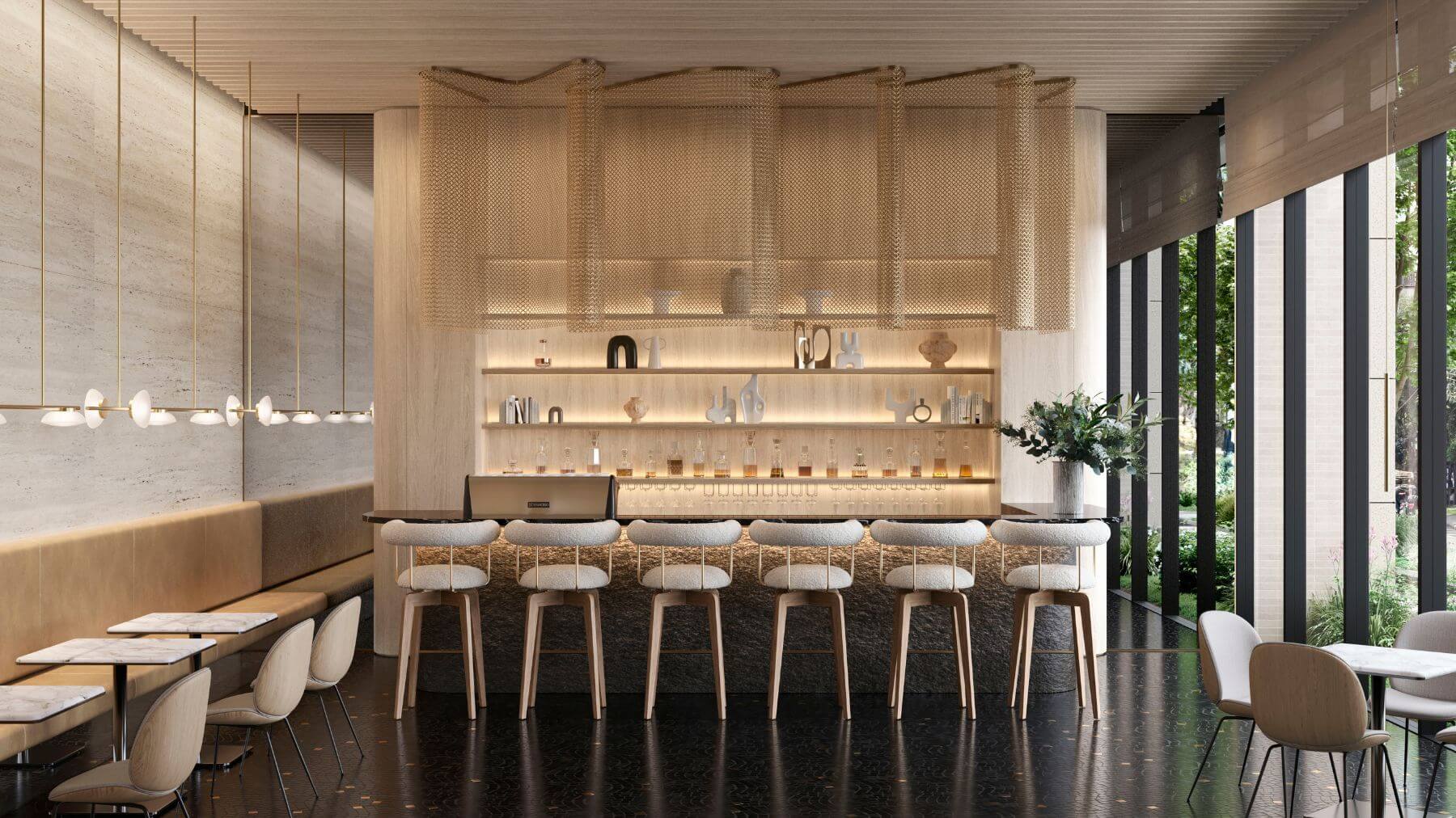 吧檯上方金屬沙帘懸垂，築起幽靜奢華意象。光線穿透樹梢入室，碎形光影伴隨濃濃咖啡香氣喚醒五感。（多功能咖啡廳3D情境示意圖）