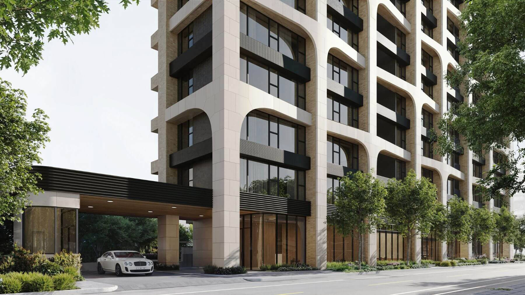 「衡沐」展現髙田浩一擅長的自然建築筆法，融入森林意象，以曲線勾勒樹形結構，層疊而上，令建築宛如一座森林，矗立於四維公園前，形成完整自然街廓。（一樓外觀3D情境示意圖）