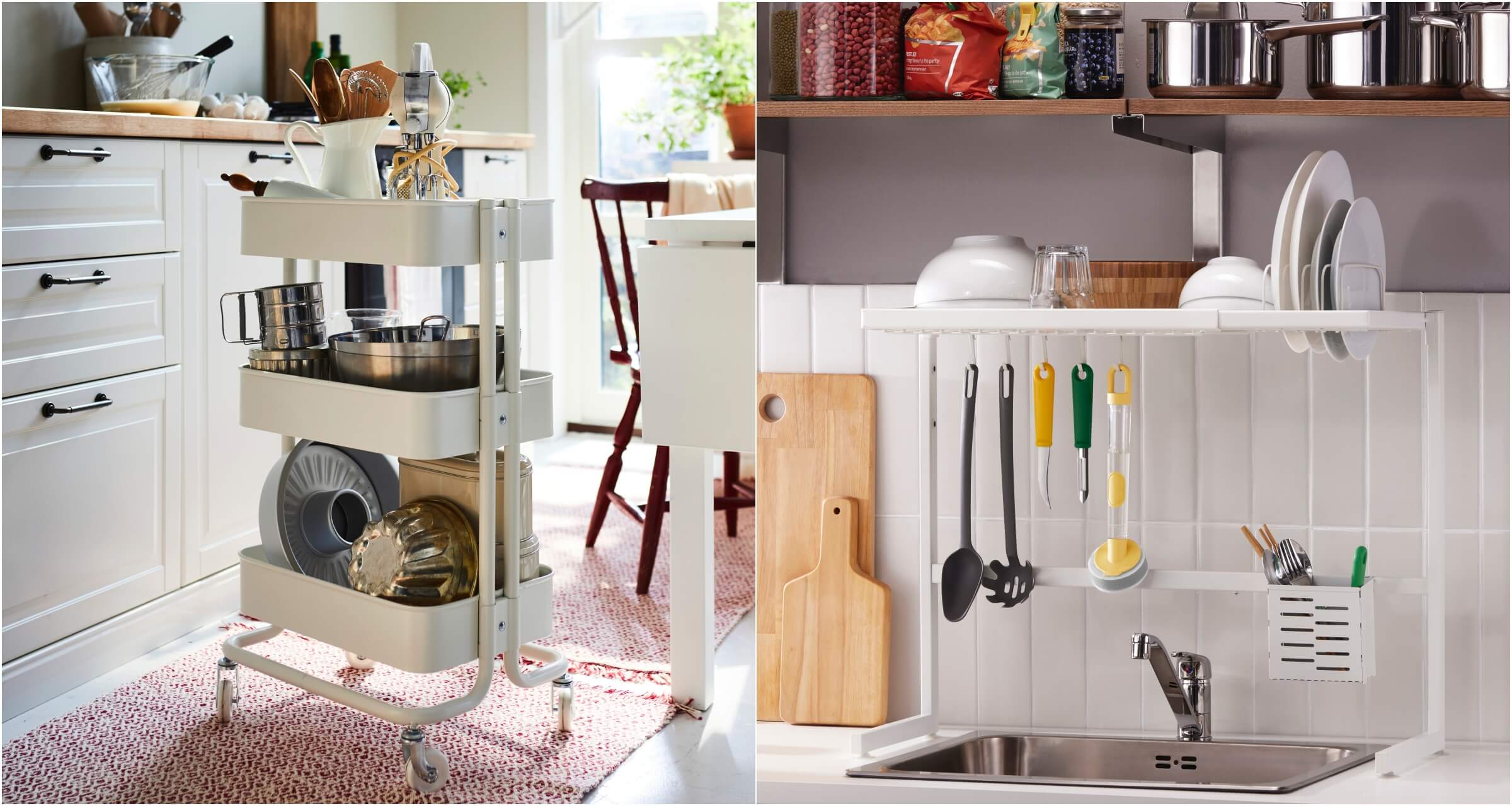 RÅSKOG推車(左);SKYGGFISK碗盤瀝乾架(右)