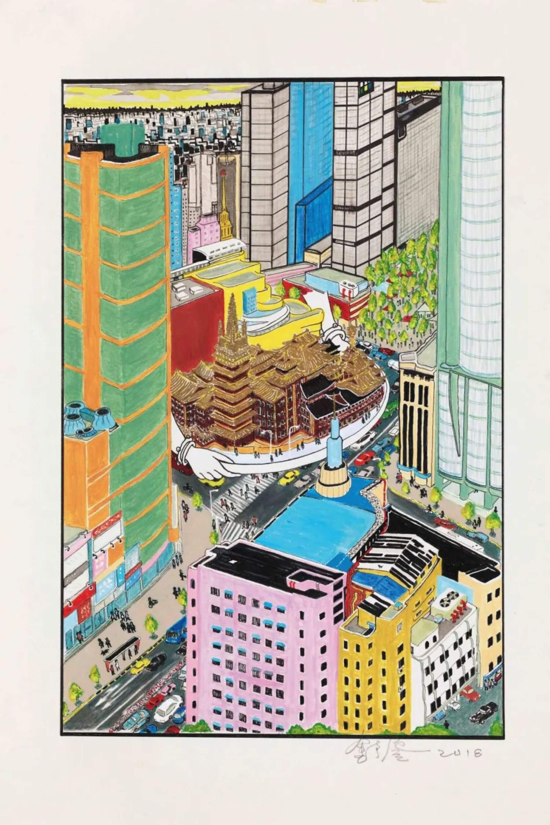 金宇澄〈静安寺〉，2018，紙本丙烯，43x29cm。