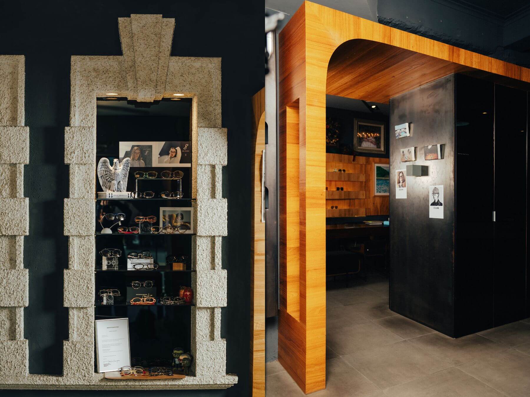 （圖左）眼鏡展示櫃呼應司法博物館建築中突出的拱心石外框。（圖右）久必大眼鏡行府前店空間過道概念取自台南古城門。