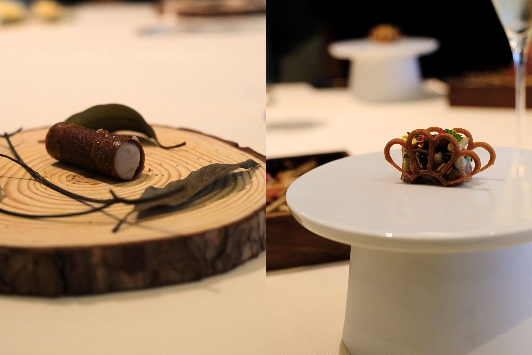 左為「焦化洋蔥/栗子/康堤乳酪」，右為「稻燻秋鰹/鹽漬檸檬/茴香」。（攝影/Eugenia Yang）