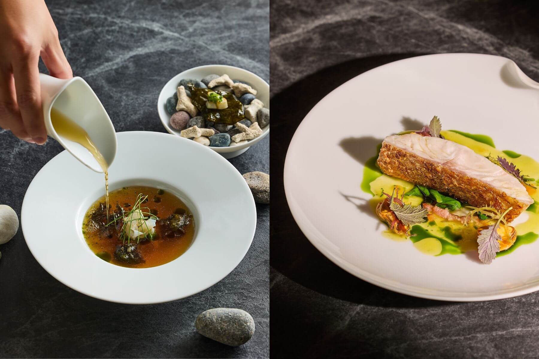 左為礁岩｜東北角花枝/刺蔥/雨來菇/花枝澄清湯，右為海｜海魚/聖米歇爾淡菜/落葵/海藻。（圖/le beaujour芃卓）
