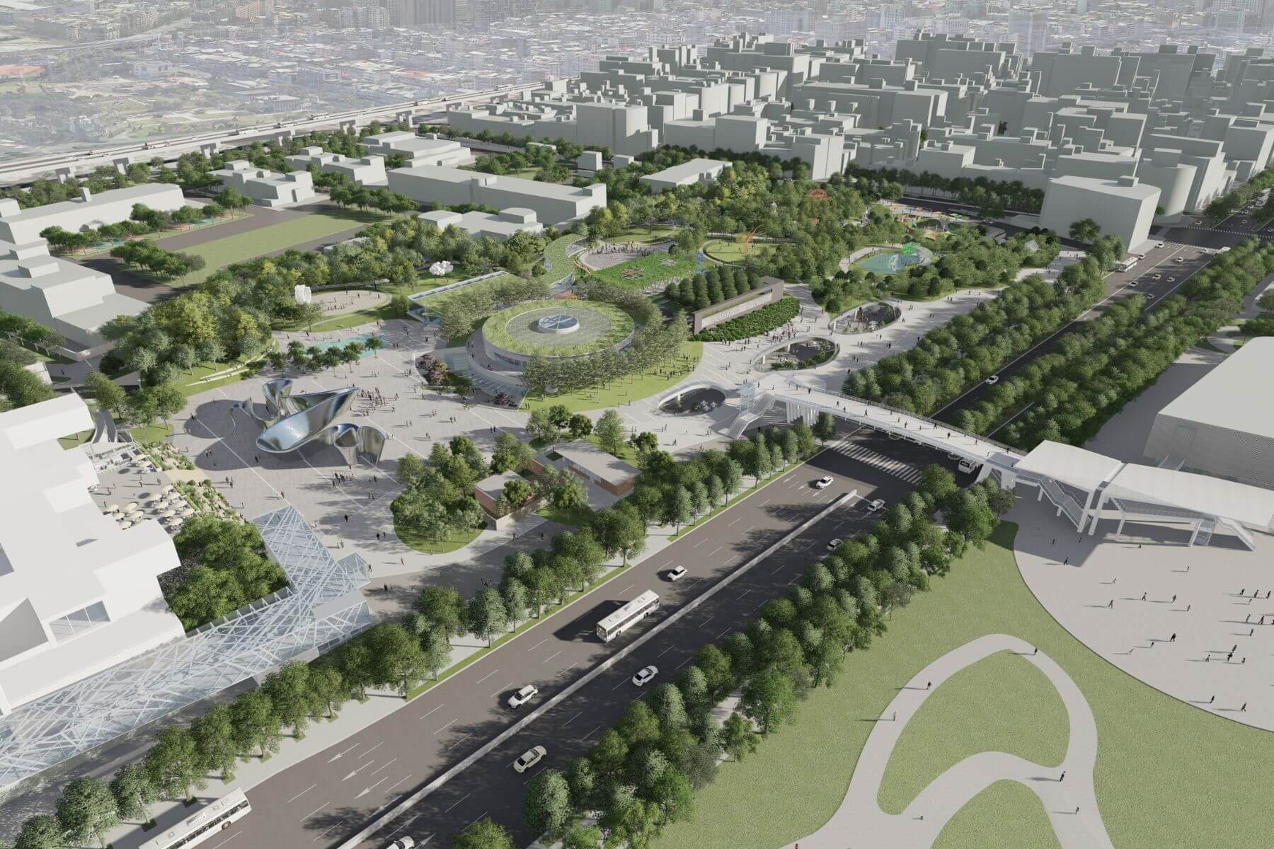 北美館本館與新建館舍,園區以透明結構引入日光至地下空間。