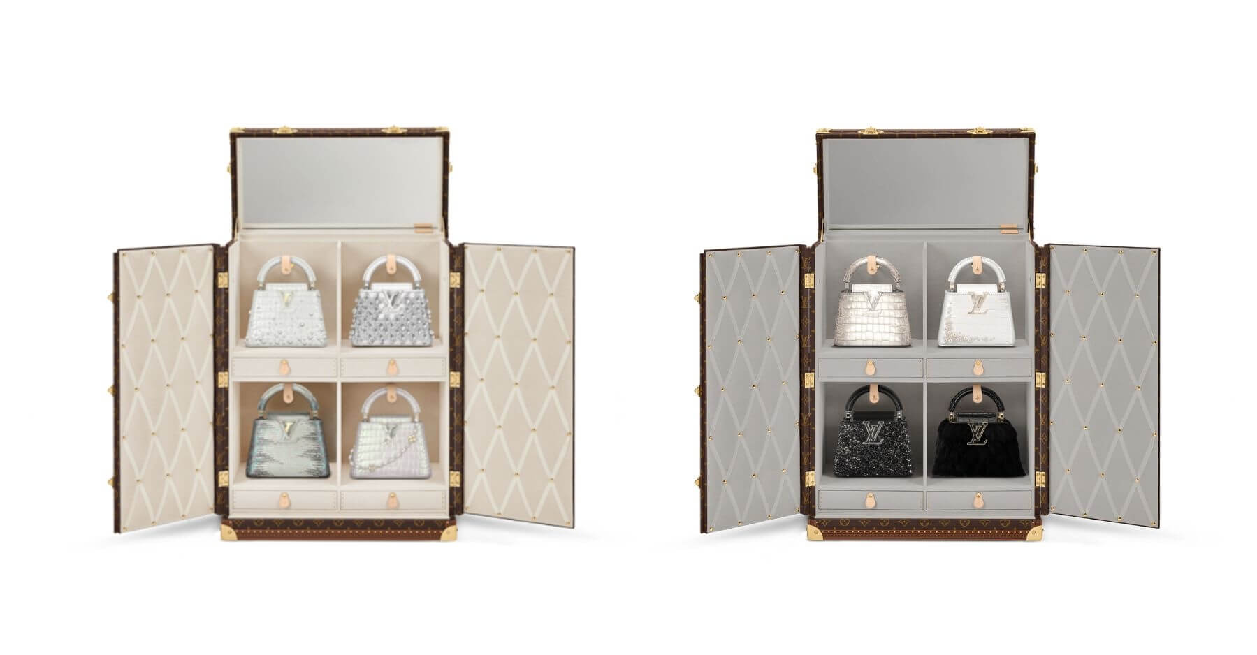 左：Capucines Nano 四入奢華典藏硬箱 - 珍珠母貝Mother of Pearl 主題 $3,445,000元；右：Capucines Nano 四入奢華典藏硬箱 - 魅惑撒哈拉Sahara Snow Black主題 $3,385,000元
