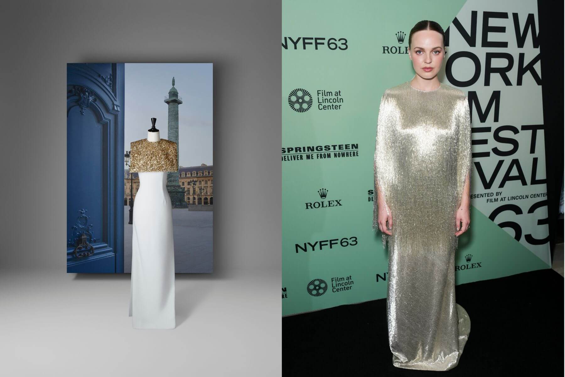 左：金色刺繡斗篷配白色禮服$1,080,000元；右：奧黛莎·楊Odessa Young身著流蘇披肩上衣，搭配流蘇訂製裙，出席《史普林斯汀：走出虛無 》紐約首映禮。(上衣與裙子成套 $9,140,000元)