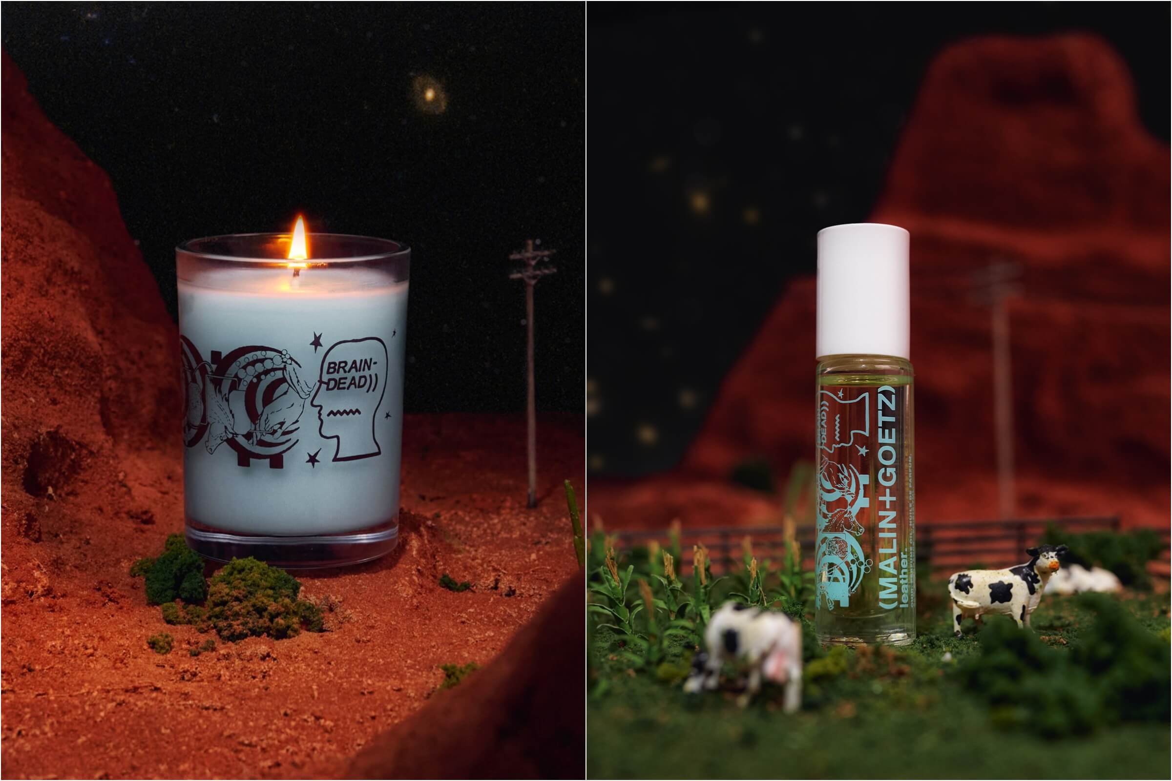 皮革香氛蠟燭255g（左圖）；皮革滾珠式香氛油（右圖）