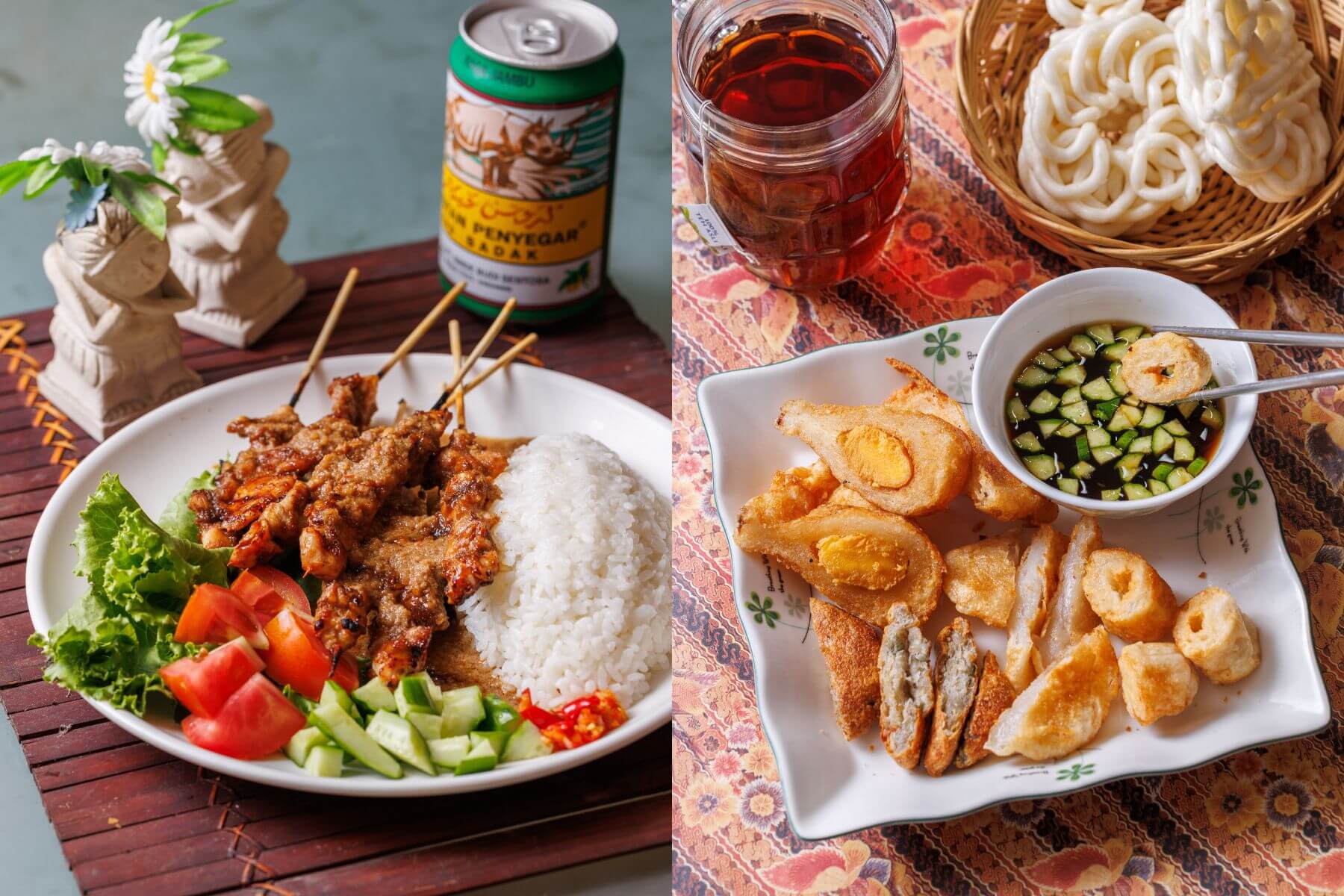 左為沙爹，右為炸天貝。