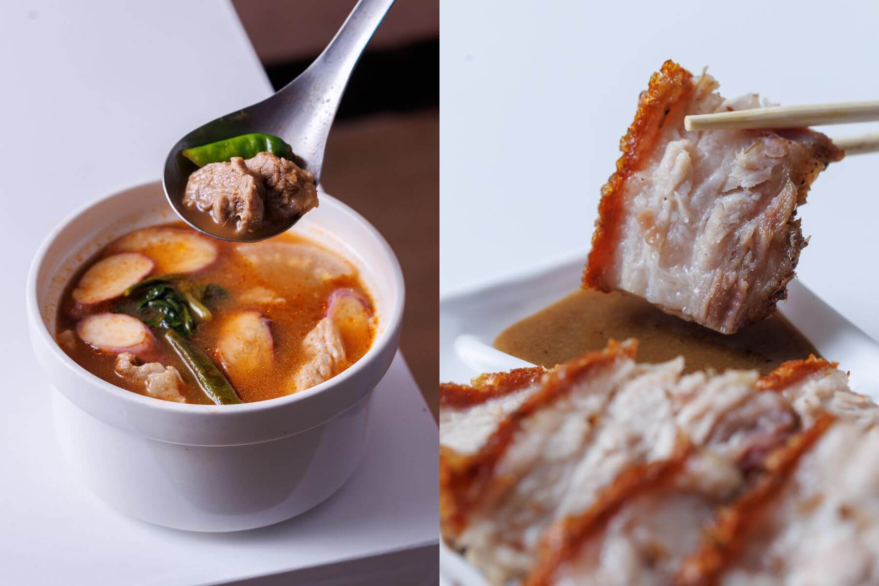 Lechon Deli餐館必點菲律賓酸湯（左）、招牌烤乳豬（右）。