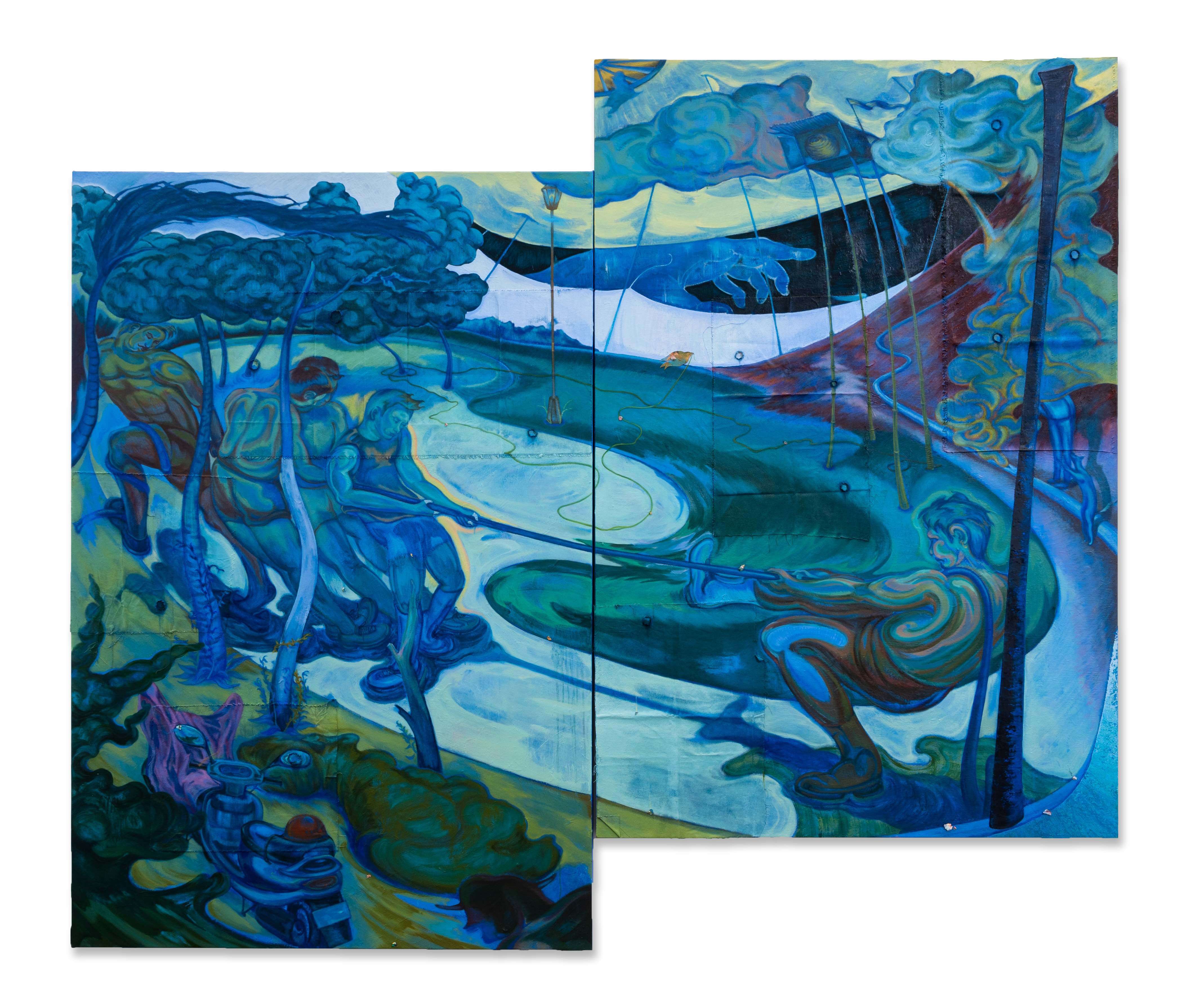 顏政豪《夜與遠方的交點》，油彩、壓克力、畫布拼貼，222 × 260 cm，2023／伊日藝術計劃