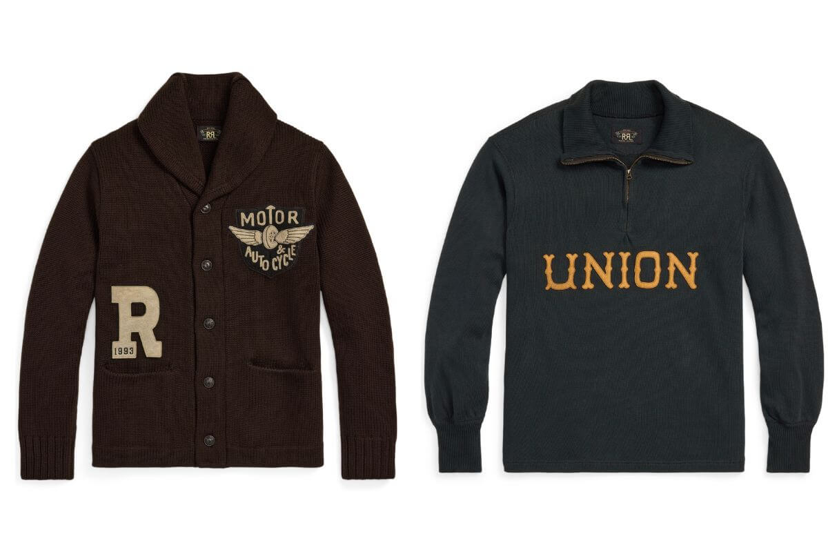 嵌花羊毛青果領開襟衫（左）；拉鍊嵌花平紋針織套頭衫（右）