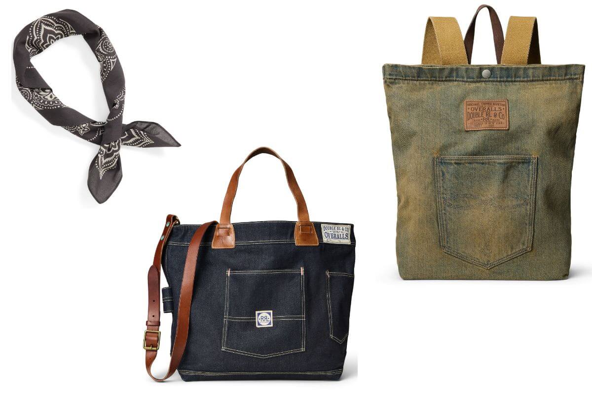 變形蟲圖騰復古方巾（左）；皮革飾邊靛藍色牛仔布托特包（中）；仿舊靛藍色牛仔布後背包（右）