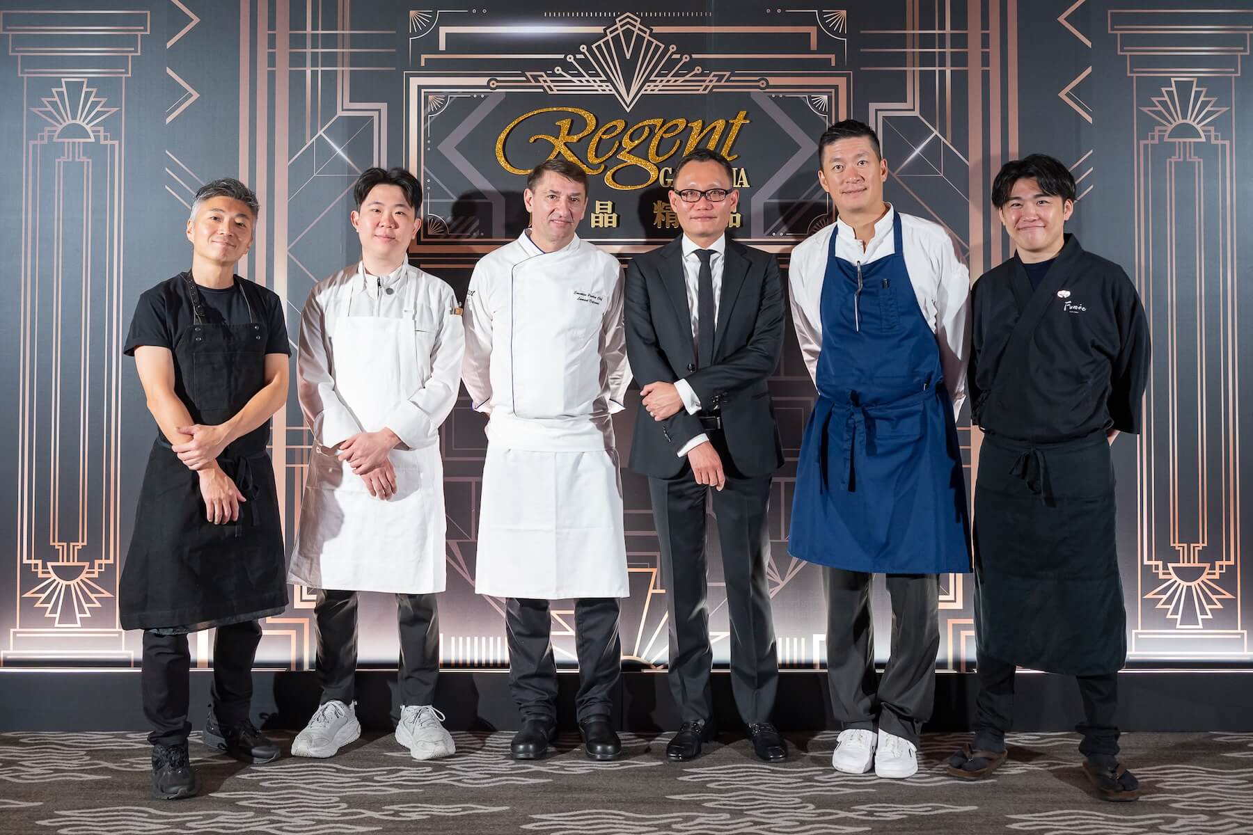 晶華攜手麗晶精品旗下四間餐廳款待嬌客，MMHG集團創辦人Richie Lin、CIRCUM-羅偉誠主廚、晶華甜點行政主廚羅倫、晶華國際酒店集團營運長吳偉正、IMPROMPTU李皞主廚與FUMEE主廚笠春介及(左至右)