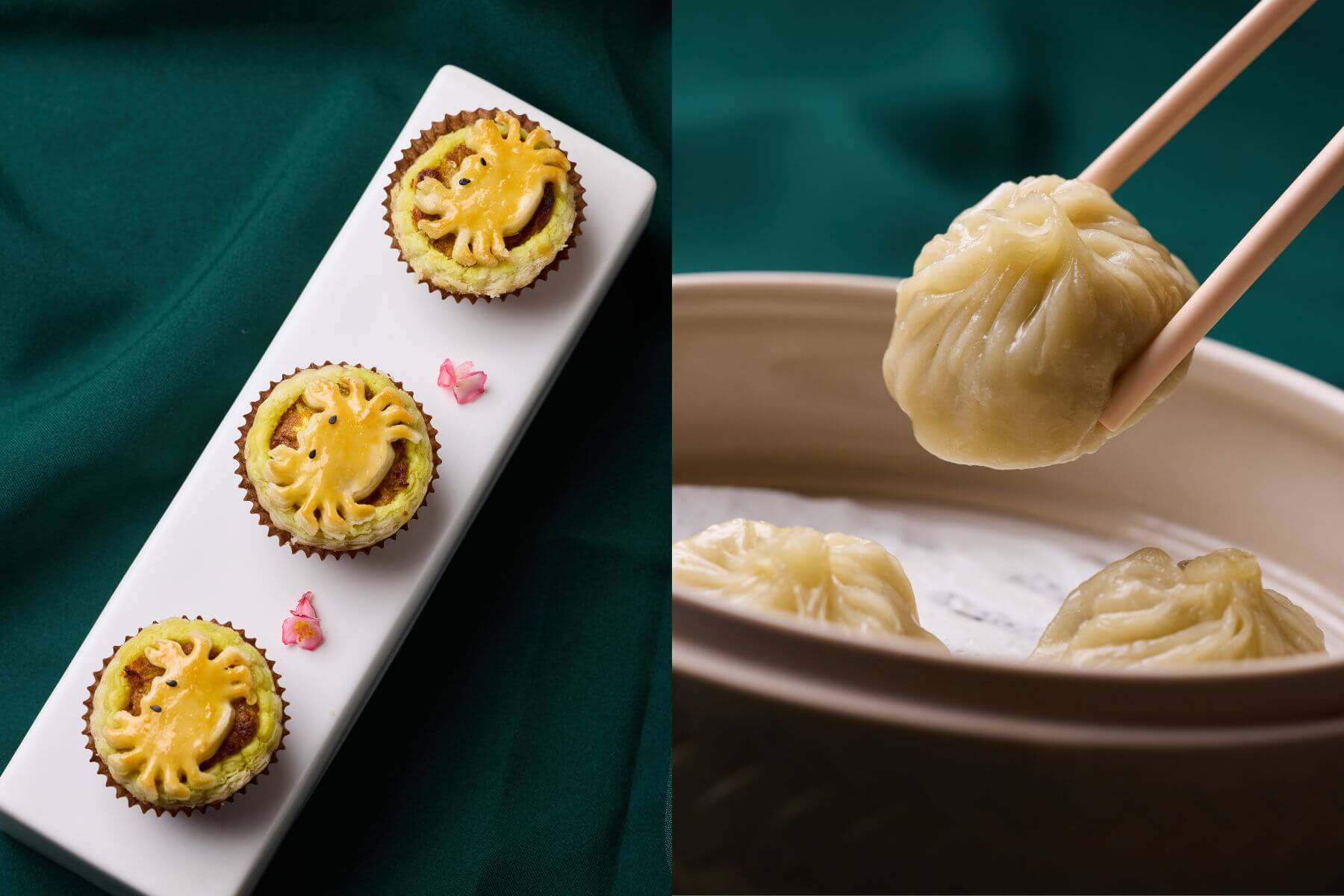 （左圖）紅蟳蟹粉塔、（右圖）蟹膏小籠包。 
