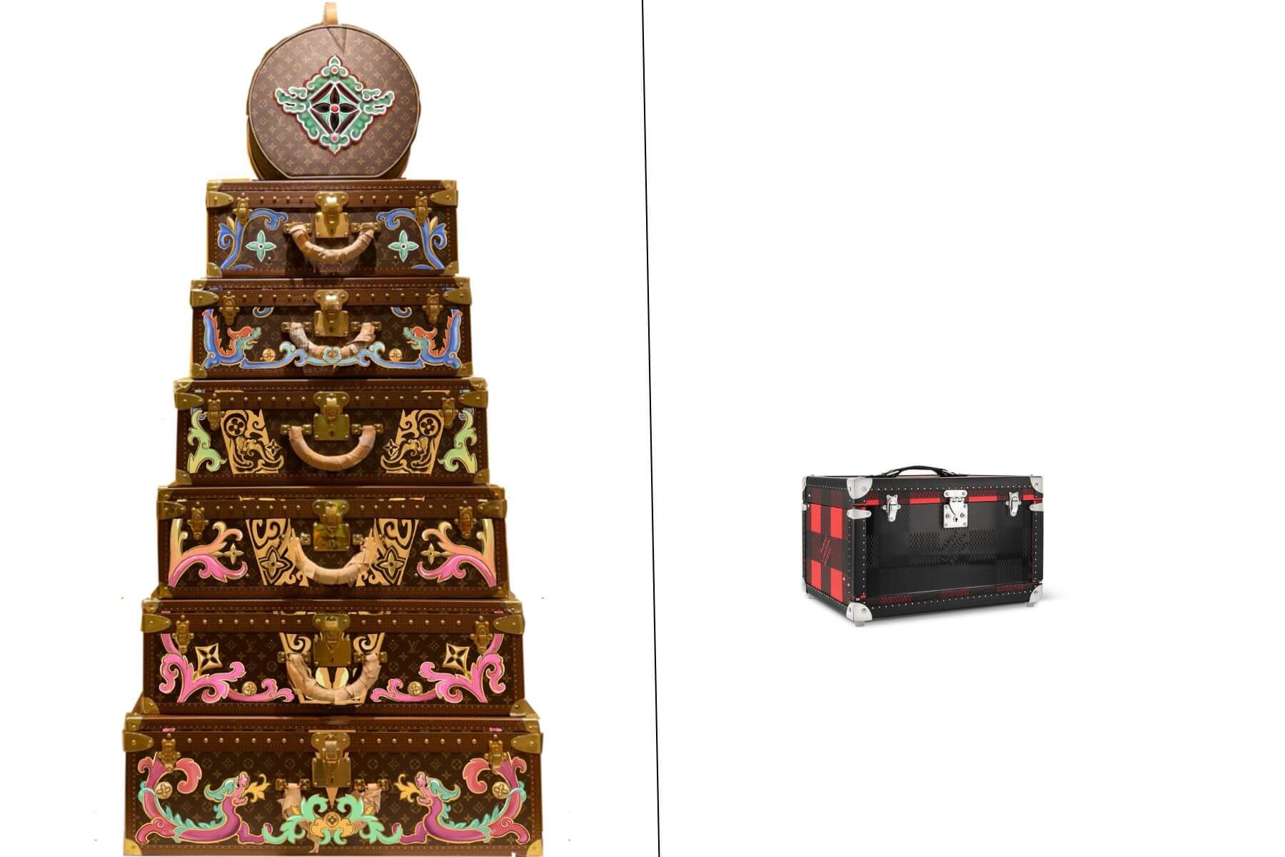 台灣限定螭虎手繪硬箱（左）；Shoe Box Damier Buffalo（右）。