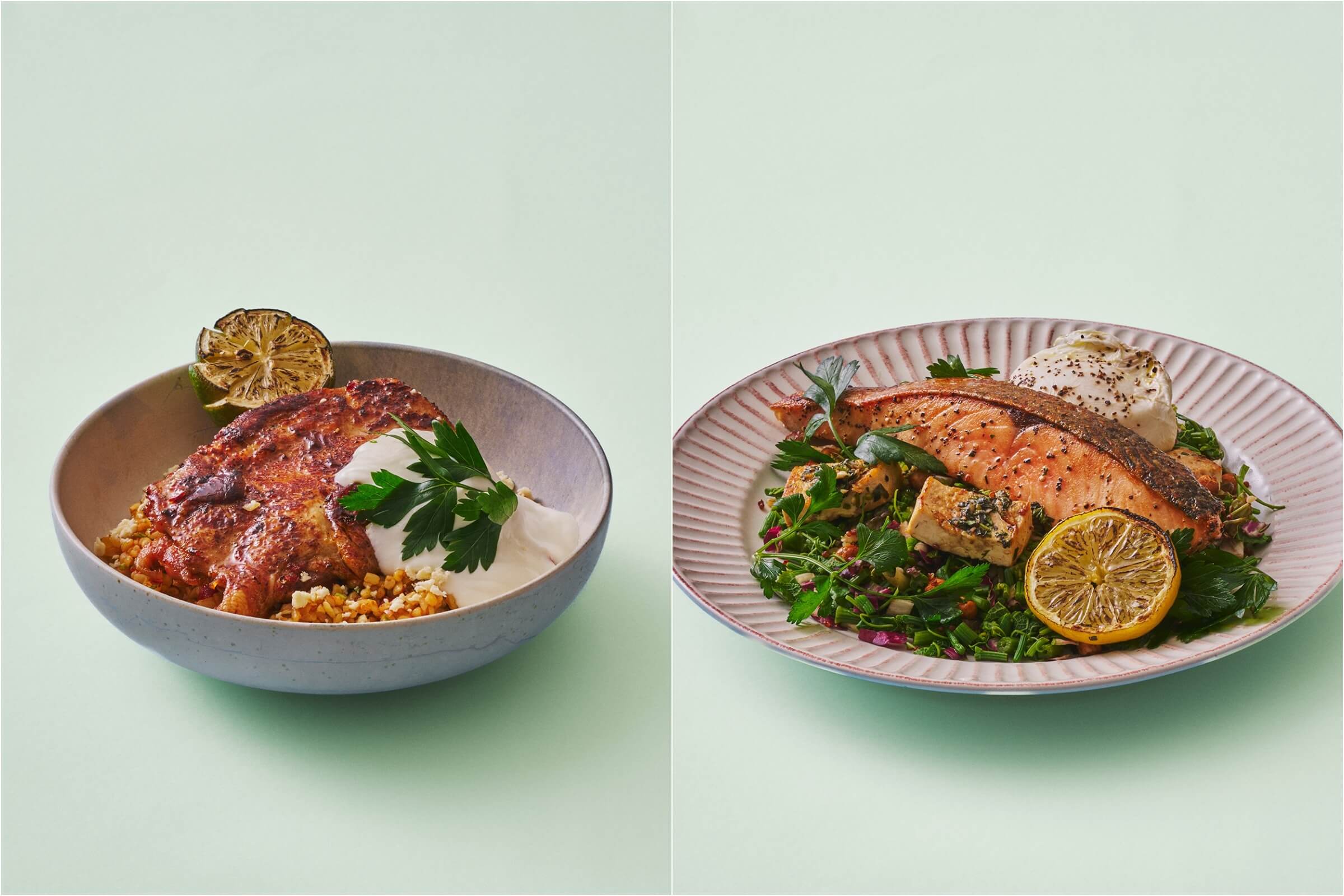 運動家系列哈里薩香菜烤雞腿布格麥碗（左圖）；南美Chimichurri系｜香煎鮭魚菲力 ft.阿根廷青醬（右圖）