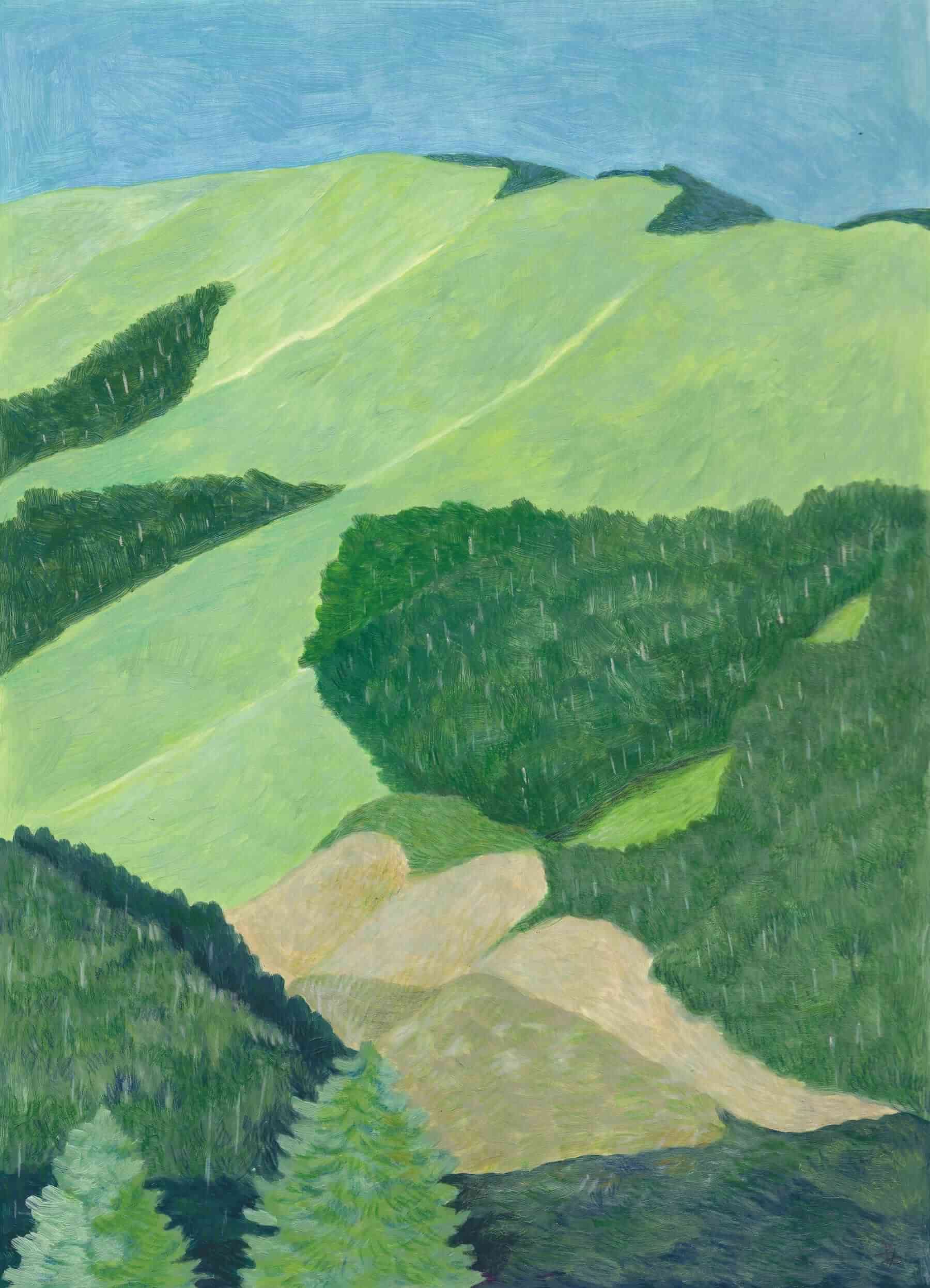 收錄於《緩慢是風景的名字》的〈綠色地毯〉。這是合歡山的一角，萬物在陽光下和諧地銜接成一幅景象，讓米力想起人們存在於社會的狀態。