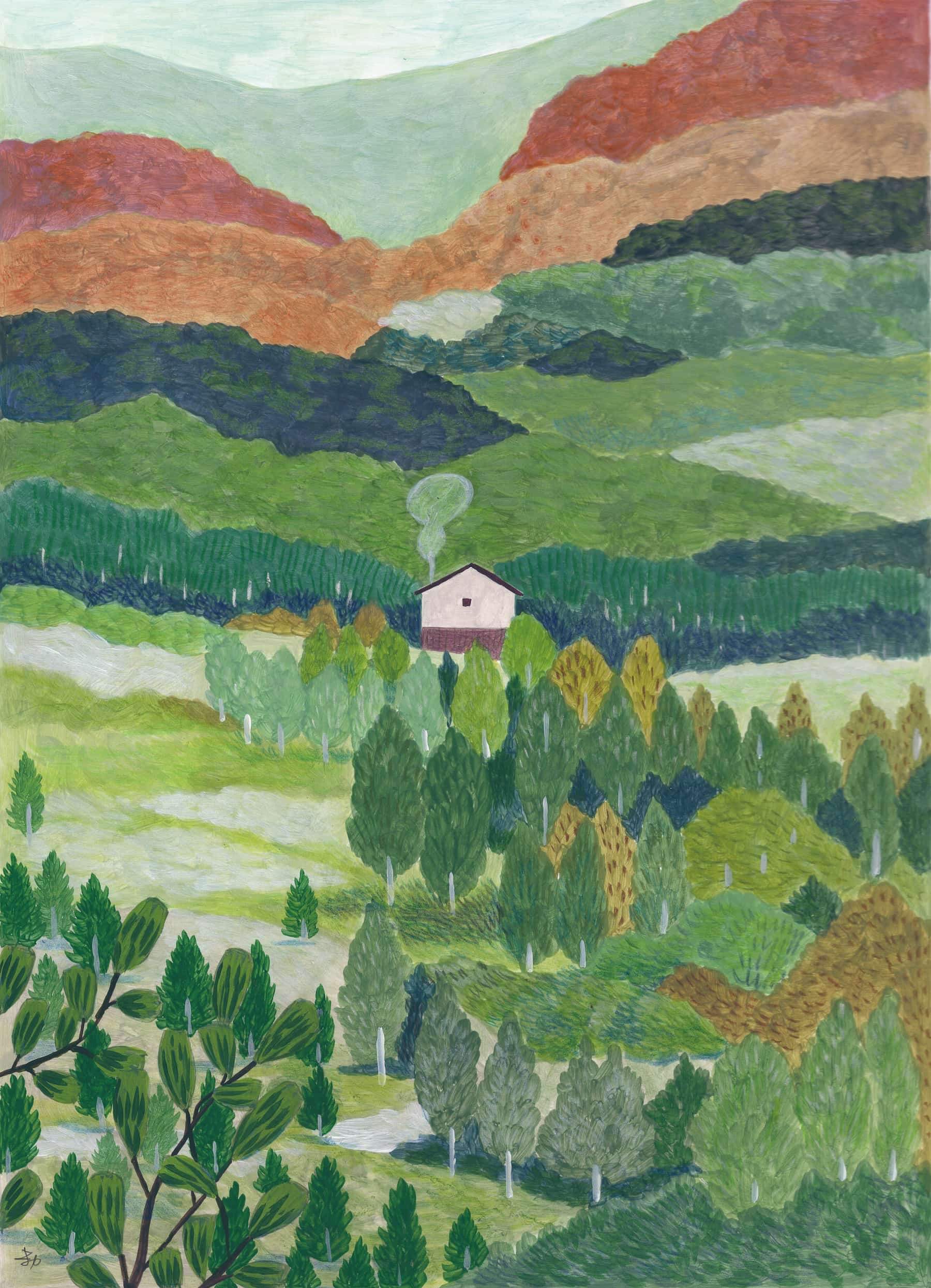 收錄於《緩慢是風景的名字》的〈天池山莊〉。這幅畫當時給了買家心理上很大的撫慰，讓米力感到別具意義。