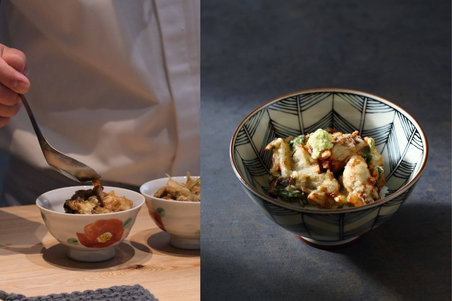 致敬主廚家鄉台南的蚵嗲天丼,搭配東石劍蝦與山芹菜,連結起台日兩地的味蕾牽繫。(攝影/Eugenia Yang、圖/龍富天婦羅)