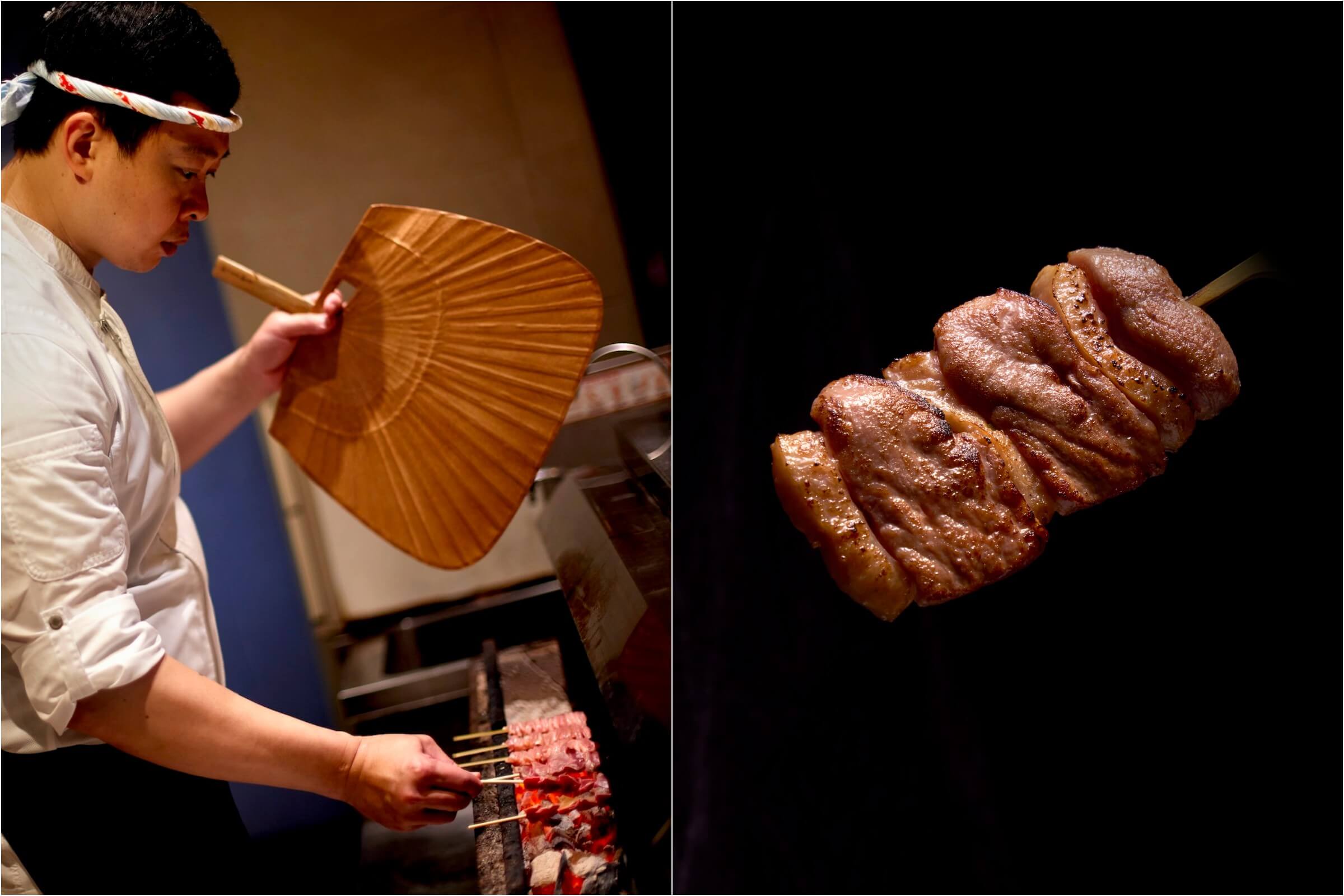 台北鳥喜料理長Allen（左圖）；台北鳥喜夏季套餐加入日本燒鳥界高級食材「鴨胸」作為燒鳥串（右圖）