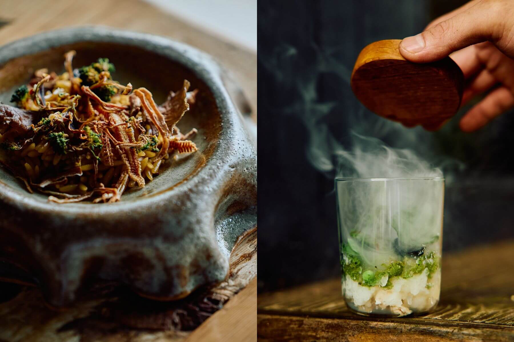 左為主食「腐植層」，右為冷前菜「生態瓶」。（攝影/林科呈）