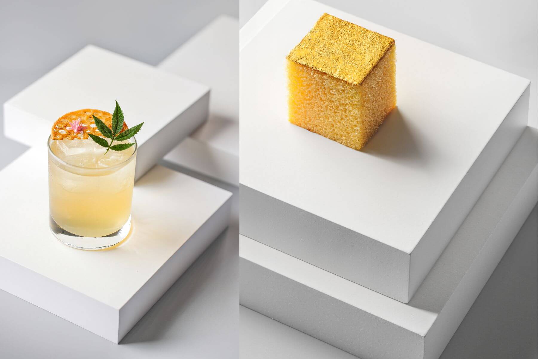 以野薑花伏特加、烏龍茶和玫瑰等材料調和的「鎏金探戈」雞尾酒搭配金光蜜秘蛋糕。