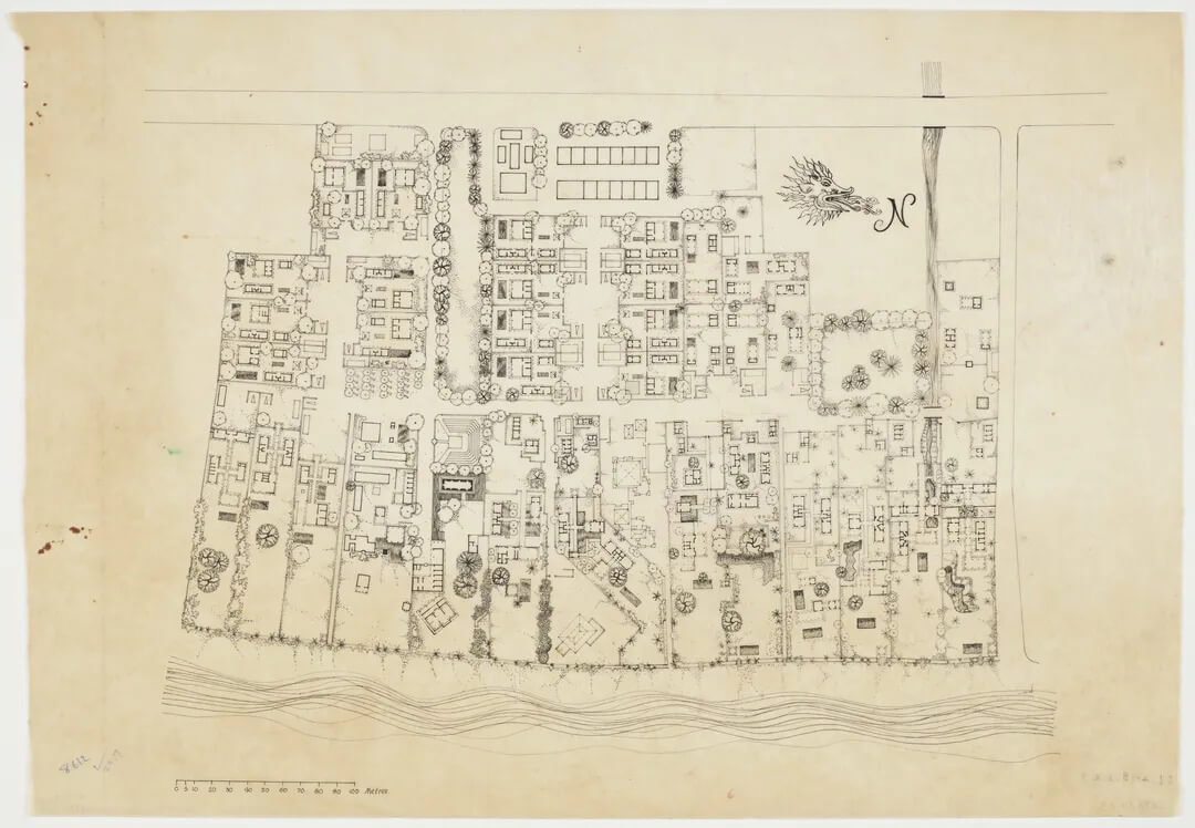印尼峇里巴圖吉巴莊園（1972–1975）早期總平面圖，M+，香港，傑弗理．巴瓦基金會捐贈，2022年，© Geoffrey Bawa and Lunuganga Trusts，圖片：M+，香港