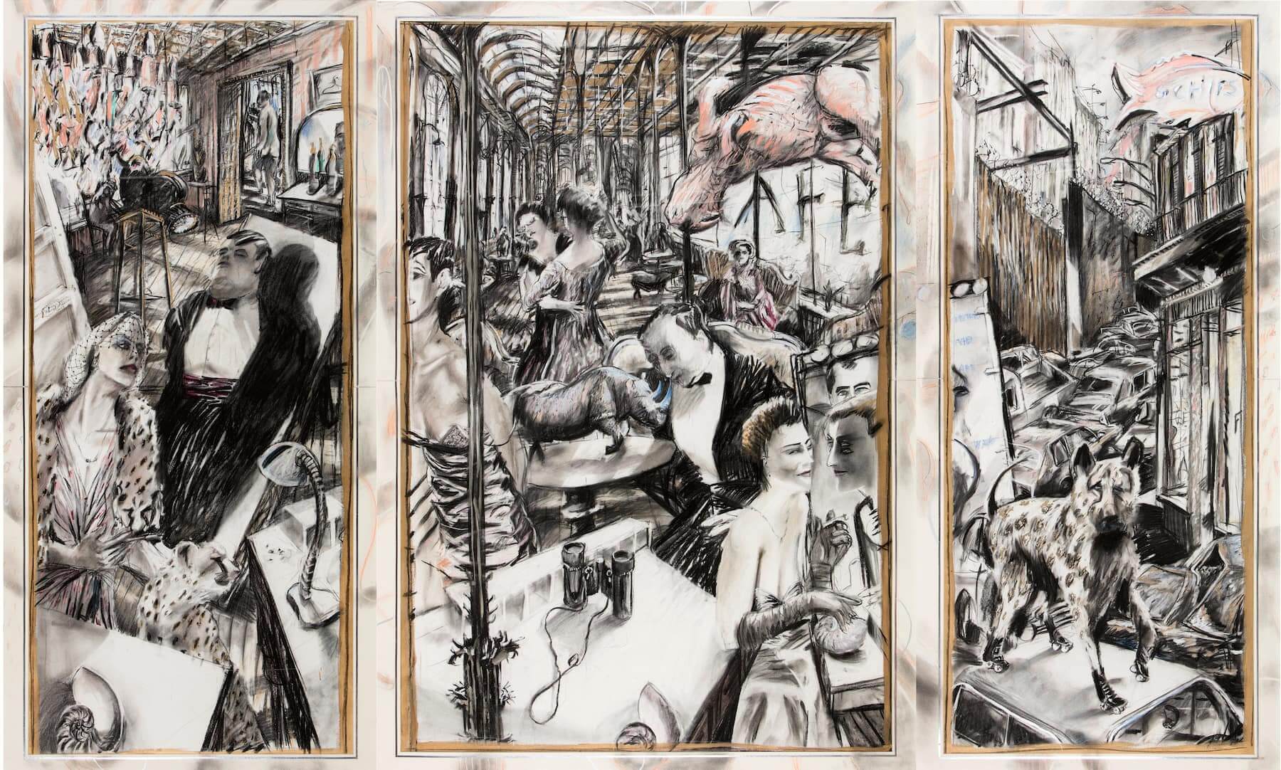 威廉.肯特里奇,《保育人士的舞會》,三聯屏, 1985,炭筆、粉彩、不透明水彩、紙,198.5 × 97.5 公分; 198.5 × 138.5 公分; 198.5 × 97.5 公分。圖像由藝術家提供。林布蘭藝術基金會收藏,魯珀特博物館,南非斯泰倫布希。