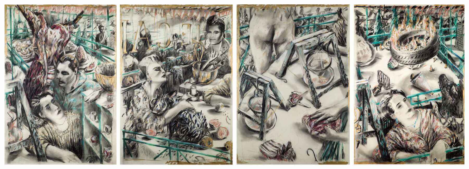 威廉．肯特里奇，《船上的午宴》四聯屏，1985，炭筆、粉彩、紙，每幅127 × 95 cm。藝術家提供，私人收藏。