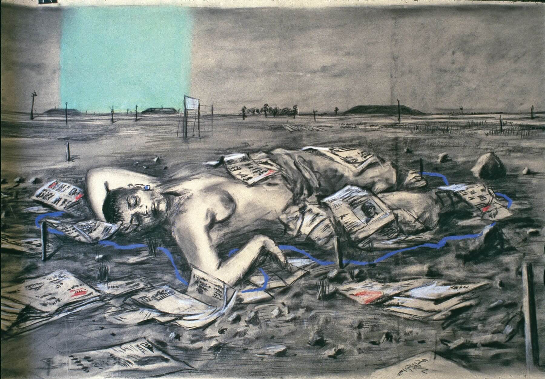 威廉.肯特里奇,《被放逐的菲利克斯(南迪躺報紙上)素描 》, 1994 炭筆、粉彩、紙 100 × 184 公分。私人收藏。圖像由藝術家提供。