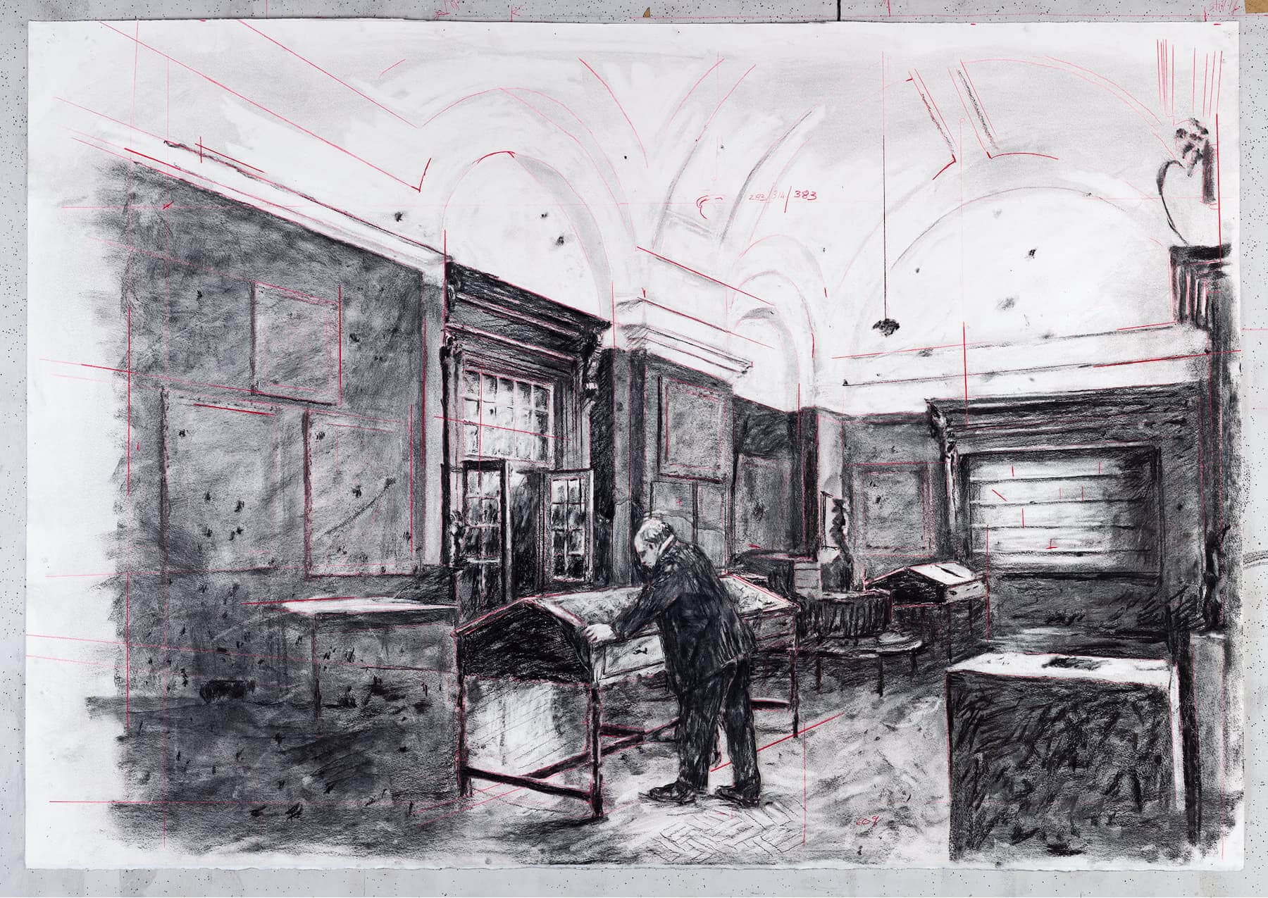 威廉.肯特里奇,《城市之深 素描》, 2018 炭筆、 紅色鉛筆、紙 104.5 × 152 公分。私人收藏。圖像由藝術家提供。